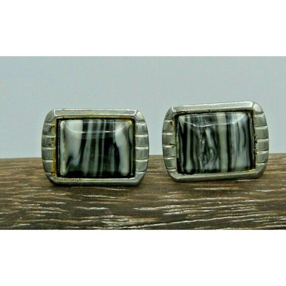 VTG Cuff Links Men's Silver Black White Striated Stone Tone Bullet Back - Picture 1 of 5